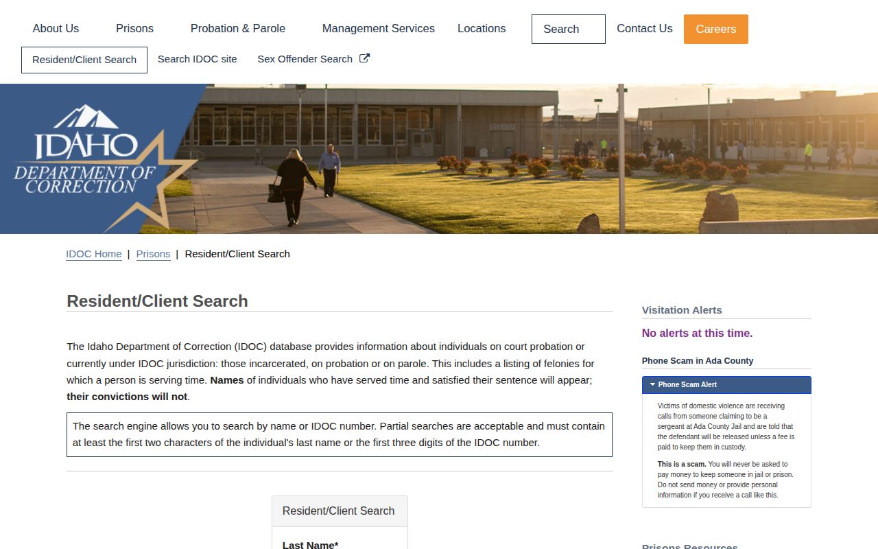 Idaho correction resident and client search