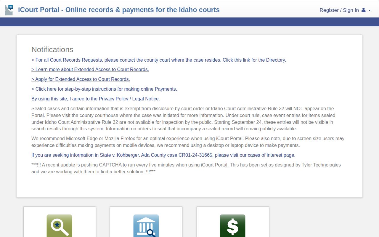Idaho iCourt public search interface