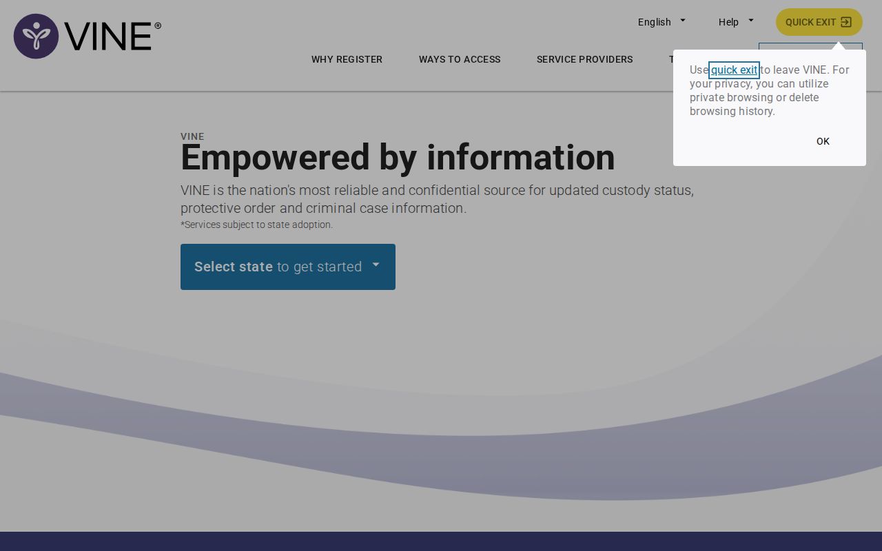 VINELink service landing page for selecting a custody search jurisdiction