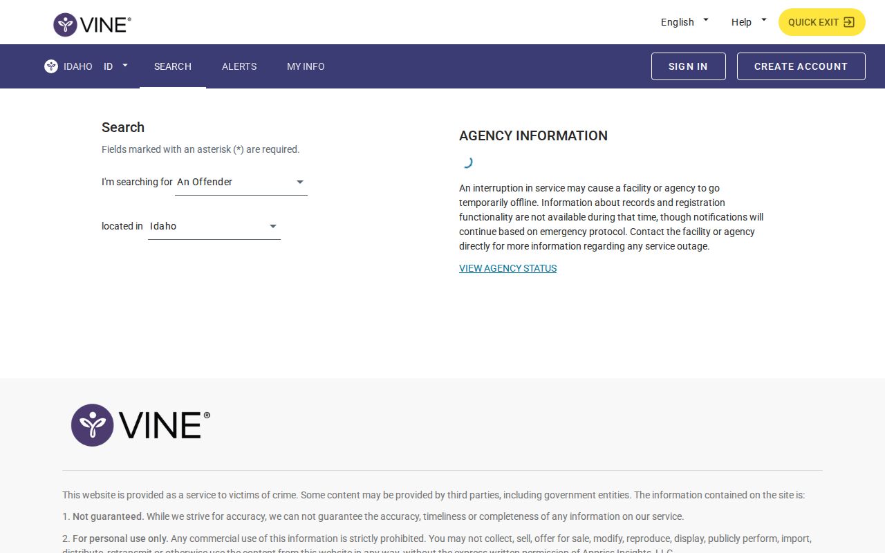 Idaho VINELink person search interface used for custody checks and alert registration