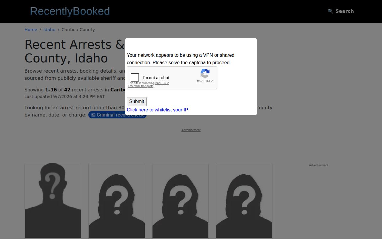 RecentlyBooked private Caribou County recent booking index interface